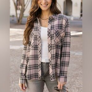 NWT Grace & Lace Favorite Button Up in Blush/Black Plaid Size Small